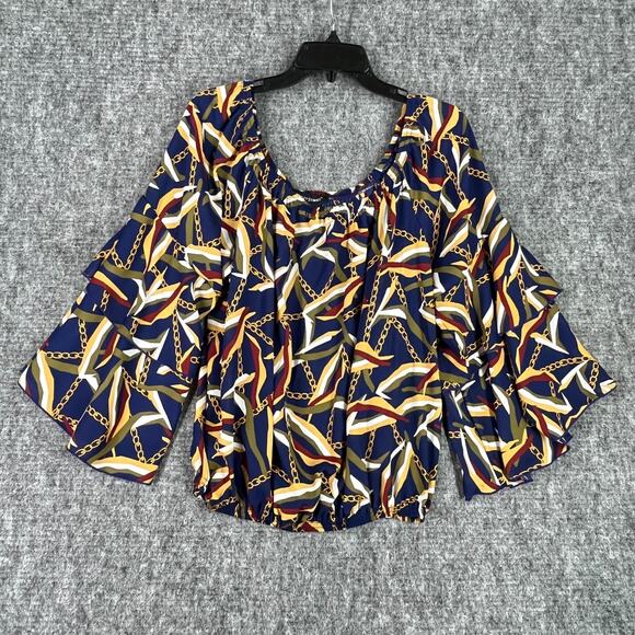 Ashley Stewart Shirt‎ Womens 16 Blue Chain Print Flare Sleeve Blouse Party Club - Picture 1 of 6